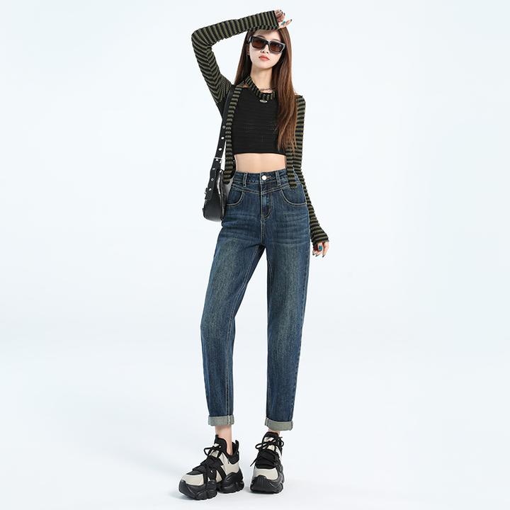 早秋新款年新款高腰哈伦修身弹力舒适萝卜九分牛仔裤女复古蓝色