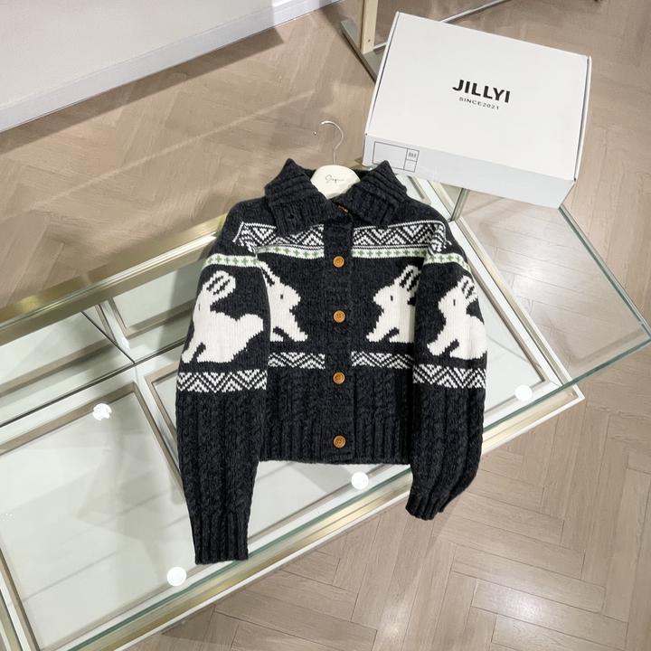 JILLYI【圣诞小兔】灰色半开领小白兔图案少女风时尚针织开衫