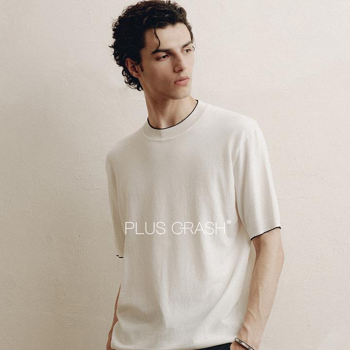 PLUS CRASH夏季新款莱赛尔短袖百搭男士针织半袖高智老钱风男装