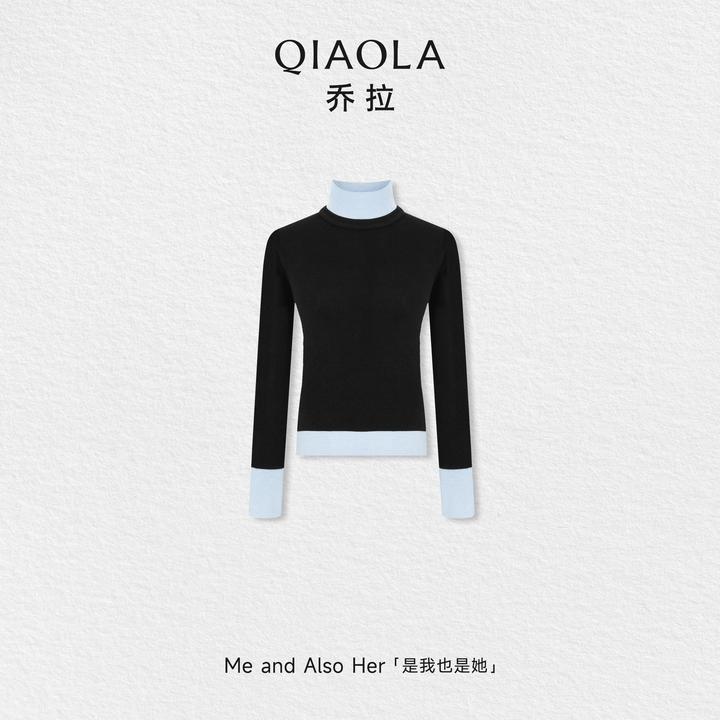 QIAOLA/乔拉【百搭伴侣】秋冬季撞色堆堆高领假两件羊毛长袖打底衫