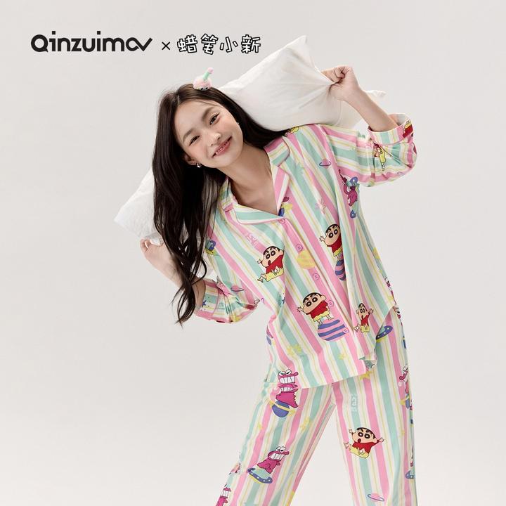 亲嘴猫【蜡笔小新】莫代尔棉可外穿卡通少女长袖家居服睡衣套装秋