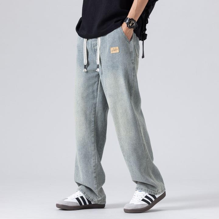 星空纹阔腿牛仔裤男款春秋直筒牛仔裤做旧宽松弹力松紧腰牛仔裤