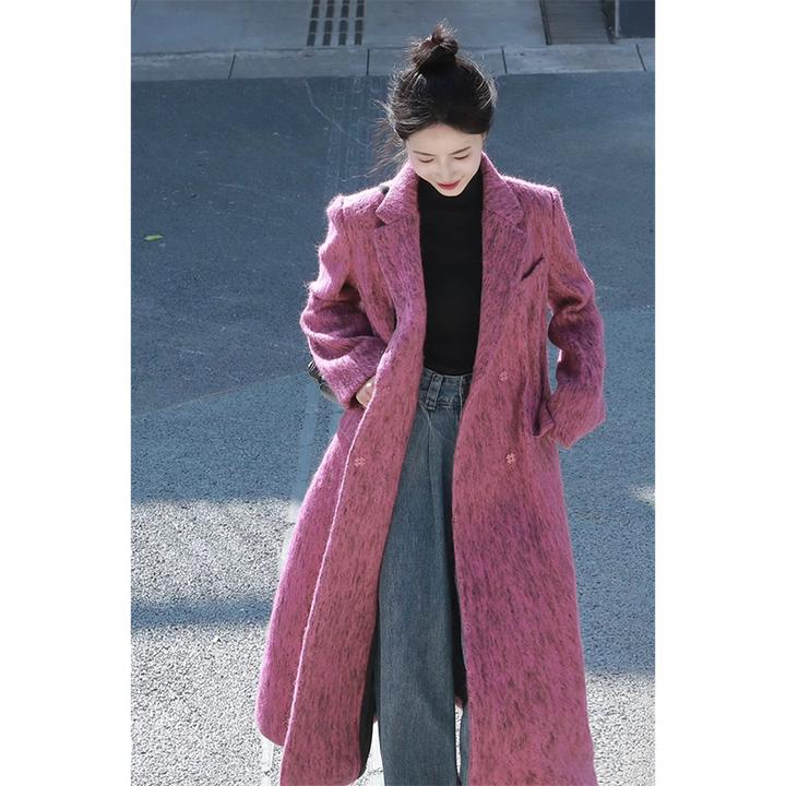 时髦复古毛呢外套女秋冬轻熟御姐风减龄洋气西装领中长款呢子大衣