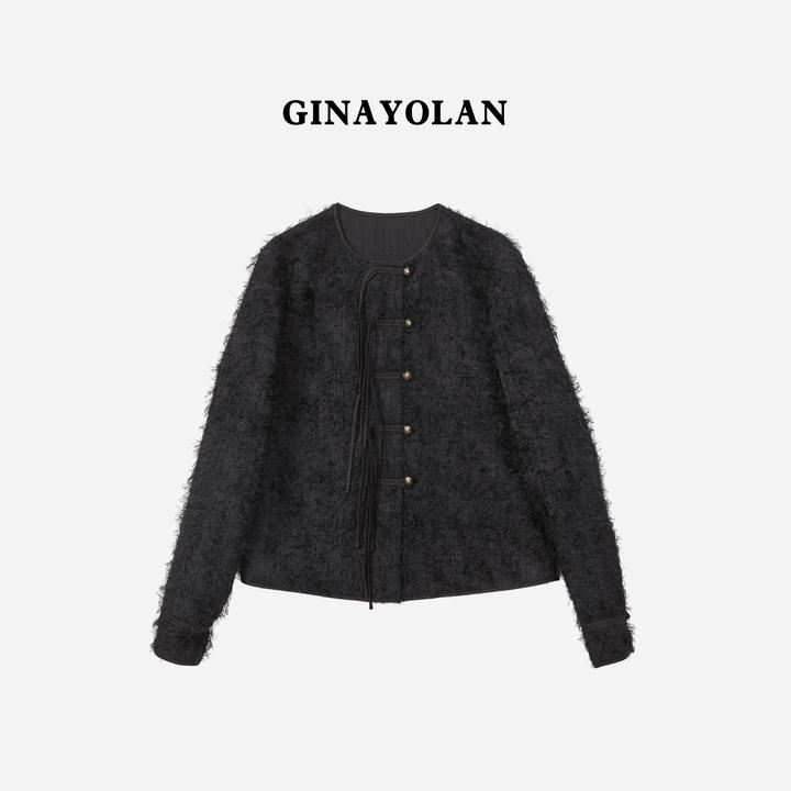 GINAYOLAN/瑾颜【黑羽】奢华面料时尚女士高定中式衬衫套装