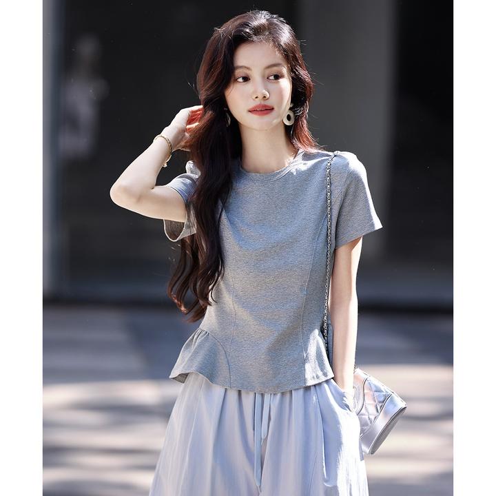 尚静通勤风高棉微弹圆领短袖T恤2025夏季新款明线装饰拼接下摆