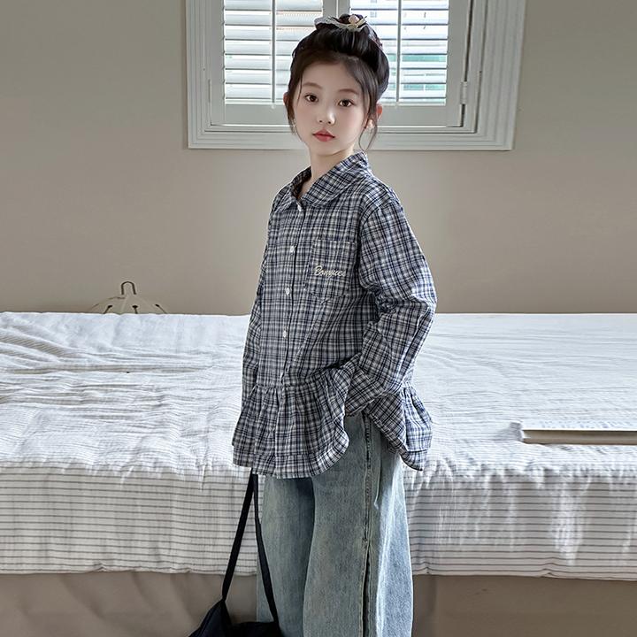 女童秋季格子衬衫2025新款儿童秋装洋气时髦韩系春秋大童早秋上衣