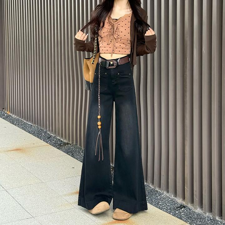 喜绚黑色阔腿小个子牛仔裤女2025春秋新款时髦气质辣妹喇叭直筒子