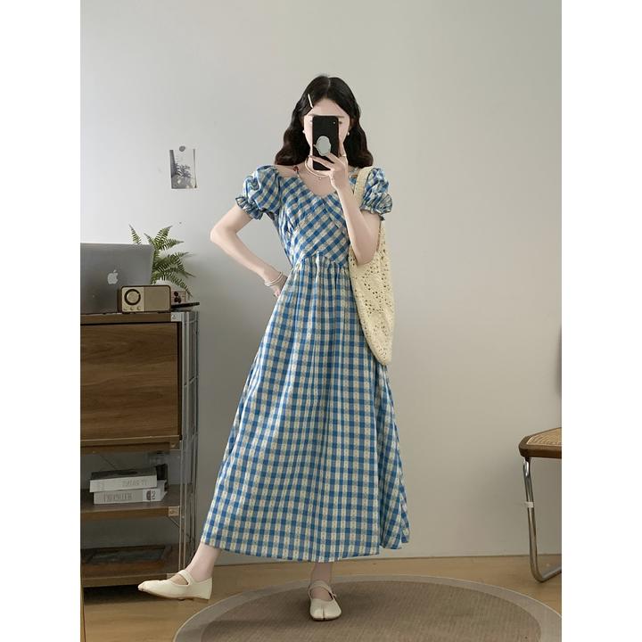 学院风格子连衣裙子女2025新款法式甜美泡泡袖蓝色收腰显瘦长裙