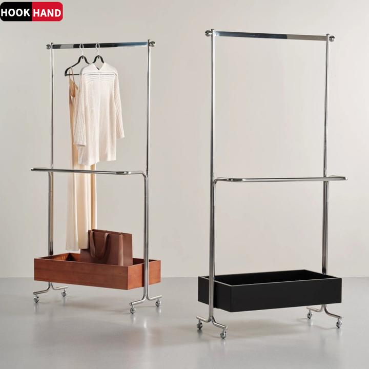 复古轻奢中古风不锈钢移动衣帽架落地式卧室家用服装店收纳置物架