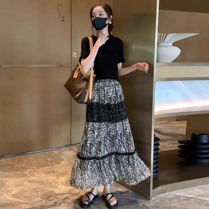 时尚连衣裙套装女2025夏季新款洋气显瘦短袖T恤半身裙休闲两件套