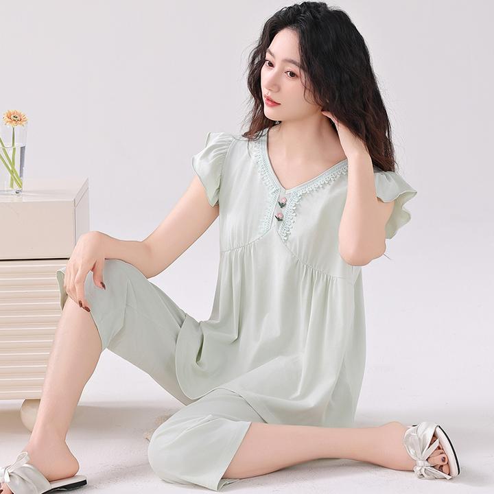 莫代尔睡衣夏天女款夏季莫代尔棉冰丝薄款无袖七分裤家居服两件套