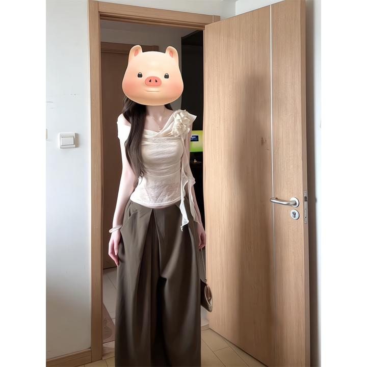 法式纯欲荡领飘带斜肩t恤收腰无袖背心上衣咖色压褶阔腿休闲长裤