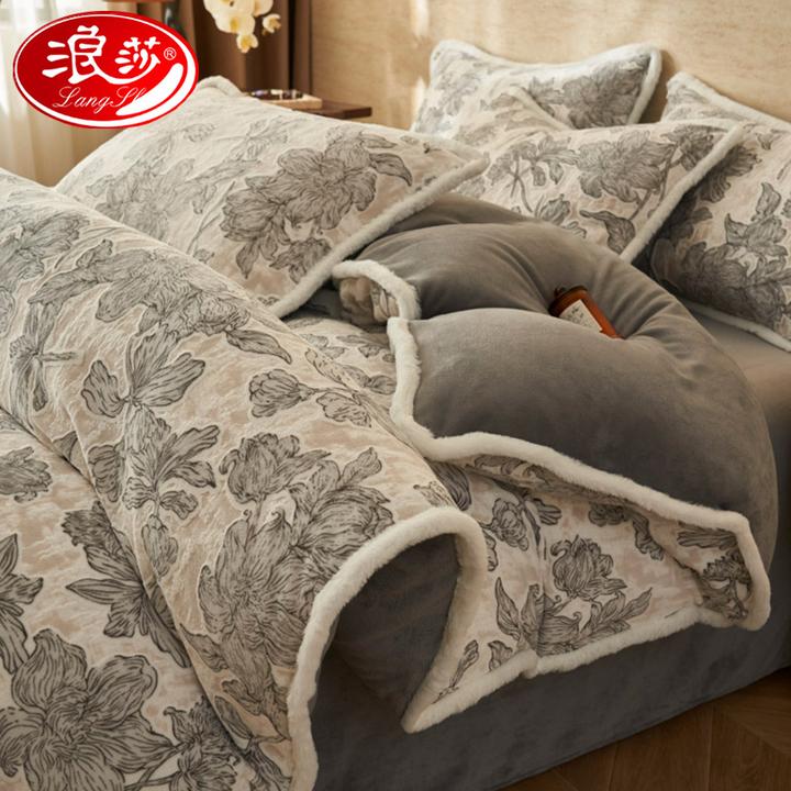 浪莎公主风加厚雕花牛奶绒四件套韩式花边双面珊瑚绒被套法兰加绒