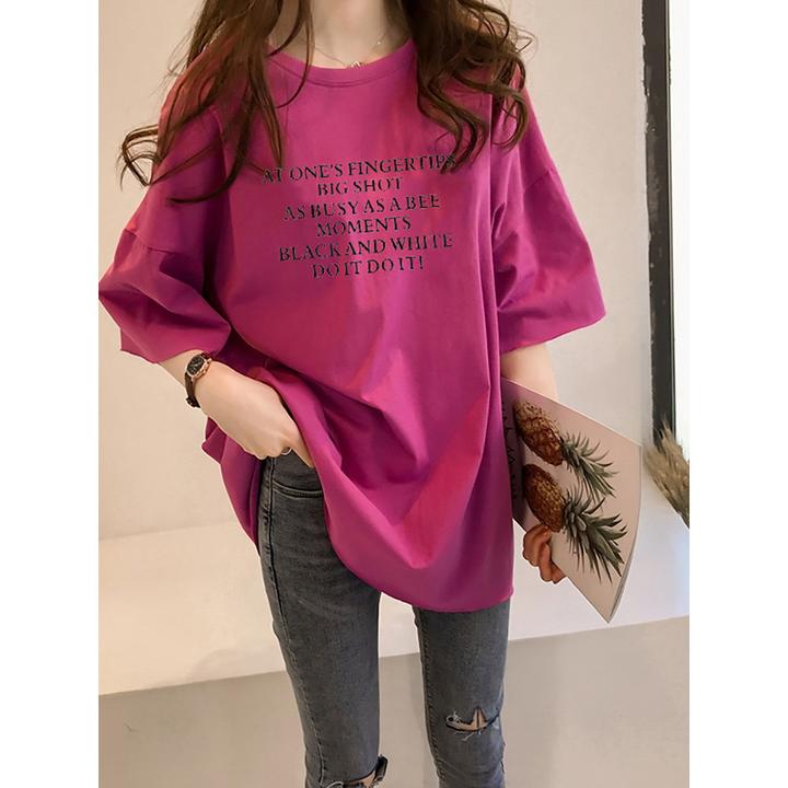 火龙果色短袖t恤女宽松中长款2025年夏季圆领棉上衣体恤打底衫