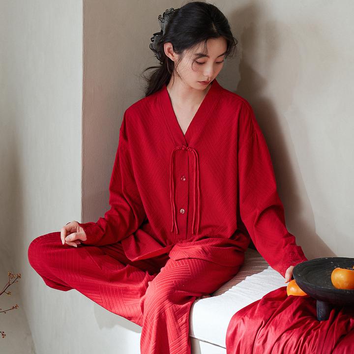 巴韦那奇新中式盘扣睡衣红色结婚长袖长裤女士家居服蕾丝拼接套装