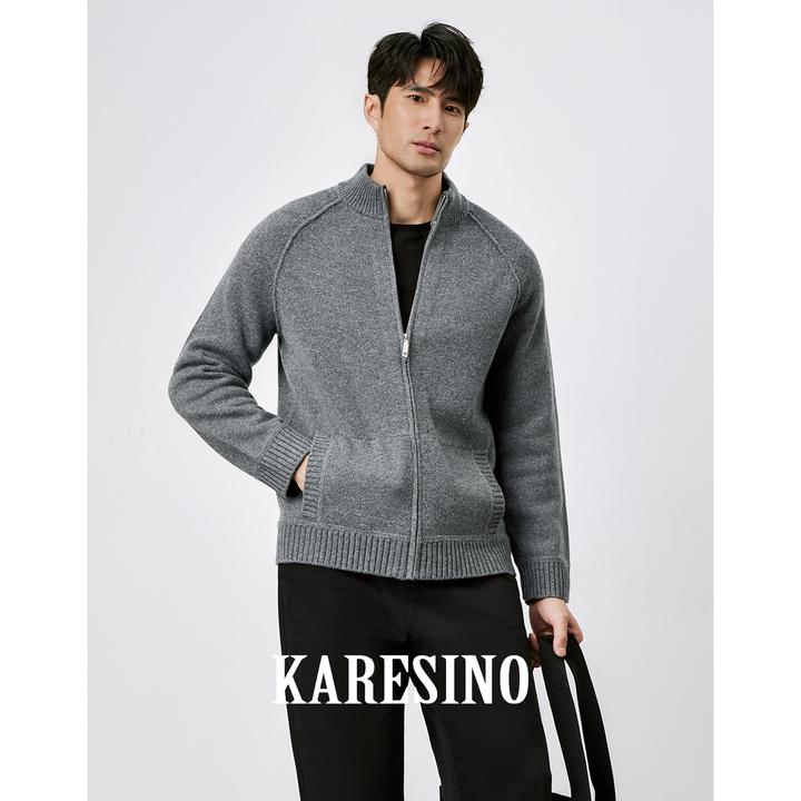 KARESINO软糯保暖羊毛羊绒衫 男士重磅立领针织毛衣男厚开衫外套