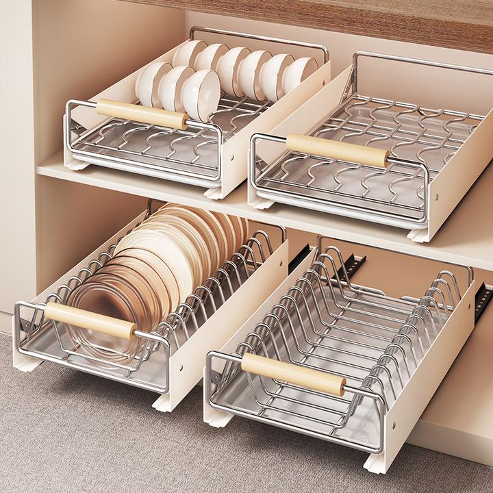 厨房抽拉式碗碟收纳架不锈钢碗架置物架橱柜碗碟拉篮抽屉式沥水架