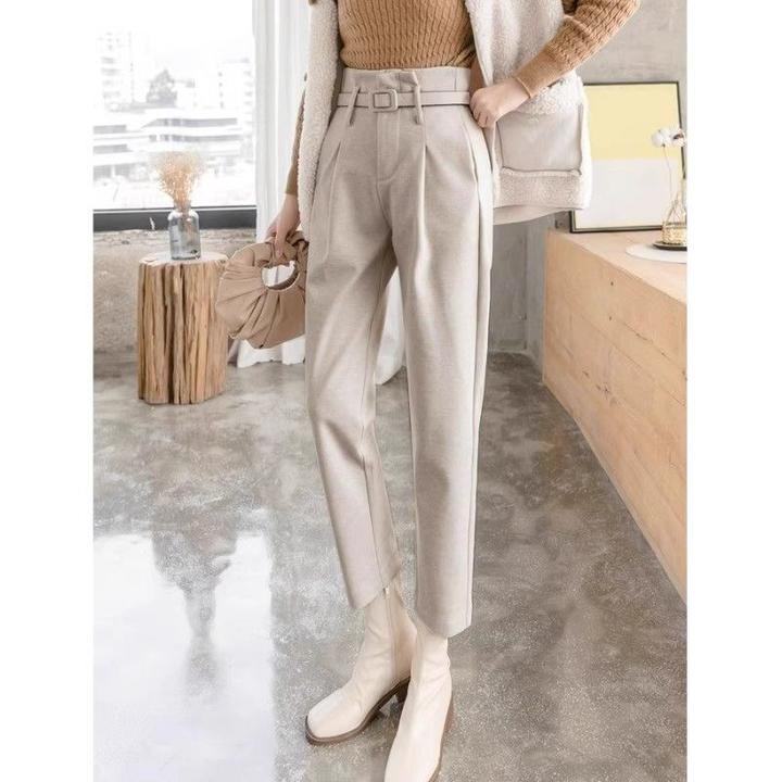 高腰显瘦毛呢裤女2025秋冬新款加绒烟管裤小个子哈伦萝卜裤西装裤