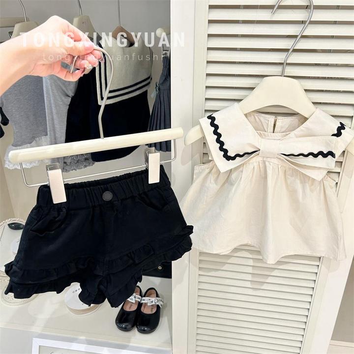 【童星圆】2025夏季女童海军领娃娃衫背心黑色荷叶边短裤时髦套装