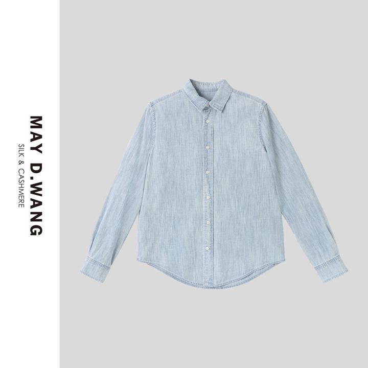 王之造简约高奢休闲浅色蓝牛牛仔长袖衬衫上衣 F2F1116