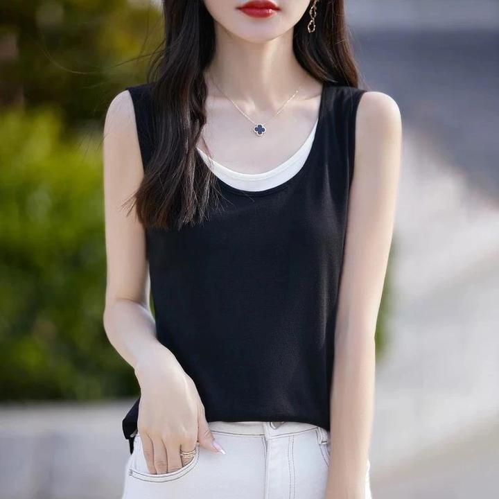 春夏季大码假两件撞色吊带背心女设计感外穿百搭显瘦内搭无袖上衣