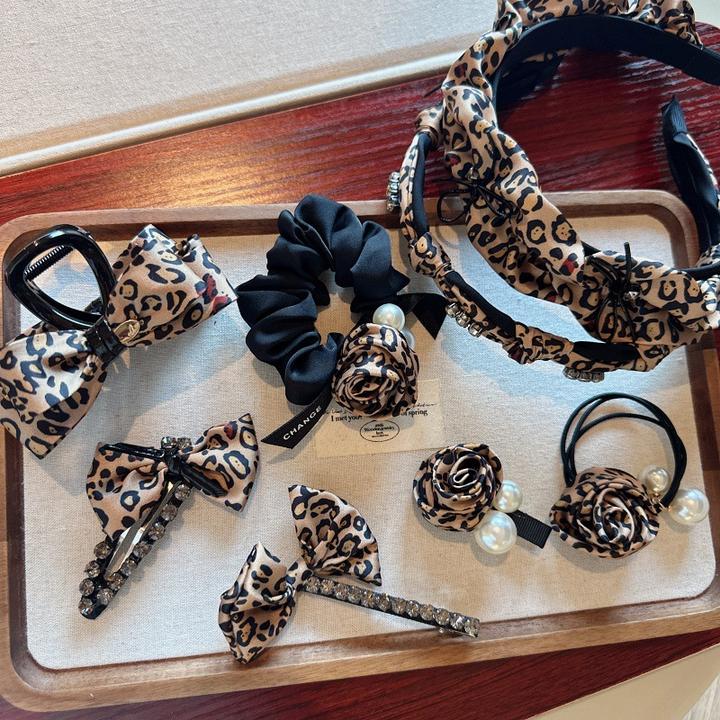 韩国新款复古豹纹系列发饰头饰高级气质蝴蝶结镶钻边夹后脑勺抓夹