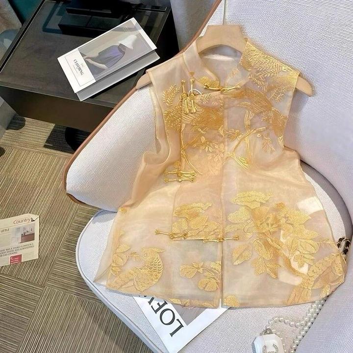 6576秋季新中式马甲女时尚气质重工刺绣立领欧根纱复古古风上衣