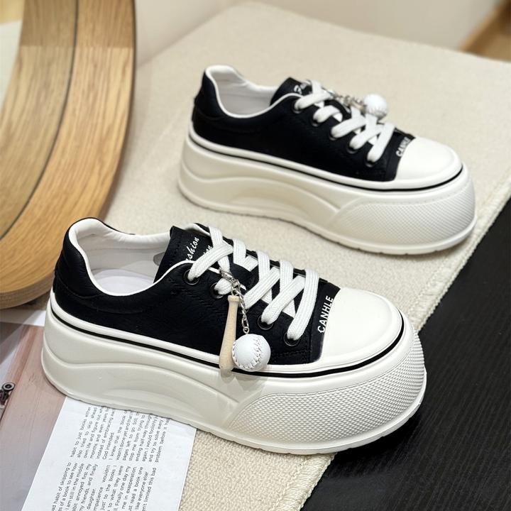 真皮潮流棒球扣学院松糕小白鞋女2025新款秋丑萌厚底面包休闲板鞋