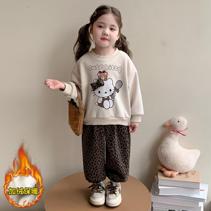 女童加绒休闲字母卫衣套装冬款洋气2025新款儿童装冬季加厚豹纹裤