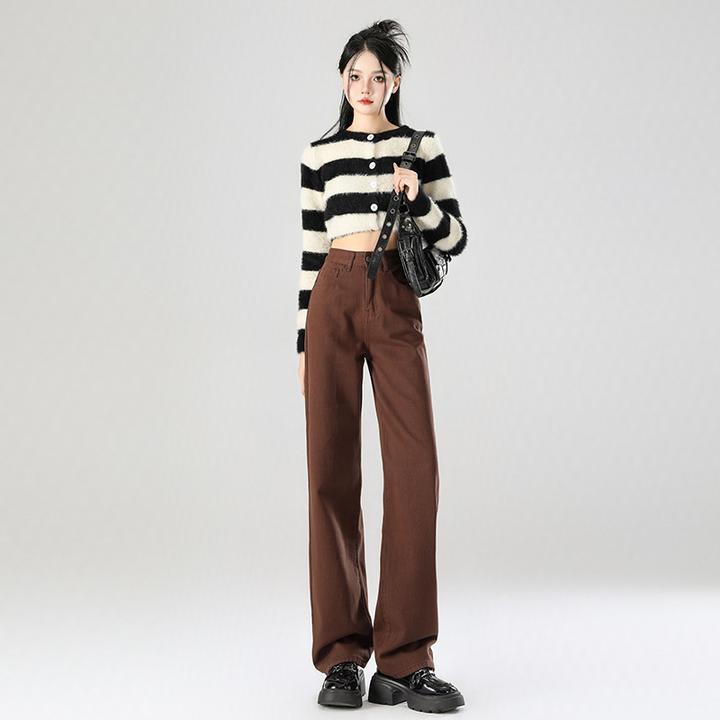 美拉德棕咖色裤子女2025秋季高腰直筒显瘦小个子窄版阔腿牛仔裤子