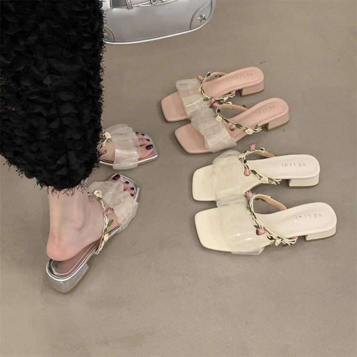 新款夏季甜美风青年女士方跟浅口防滑耐磨轻便粗跟凉鞋粉嫩色材