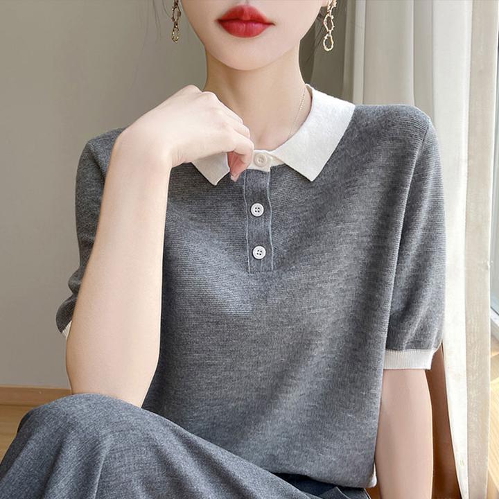 冰丝针织短袖t恤女2025新款时尚简约小翻领爆款大码女装夏季上衣