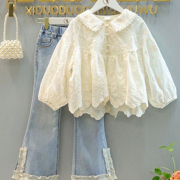 女童秋季新款长袖蕾丝娃娃领衬衫配牛仔裤两件套装洋时髦洋气童装