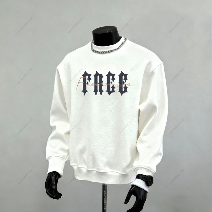 加绒加厚秋冬季白色圆领卫衣潮流哥特字母套头内搭保暖打底长袖男