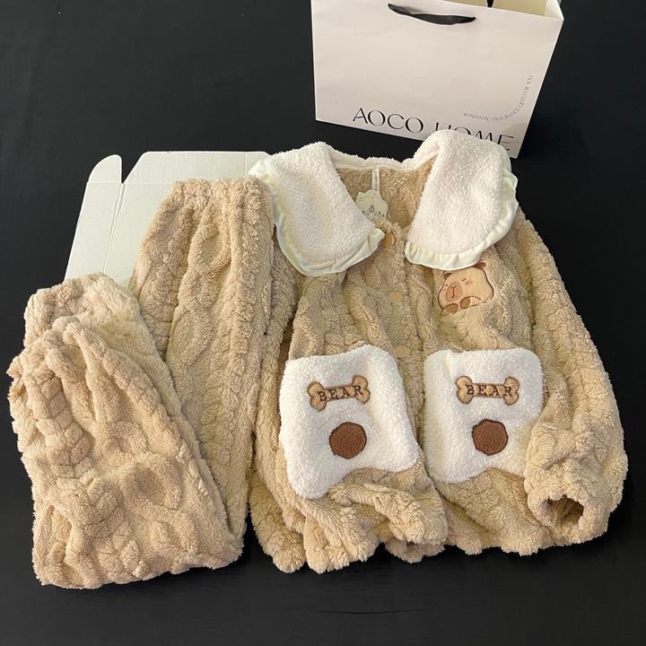 睡衣女秋冬季珊瑚绒大码加厚长毛绒卡皮巴拉保暖套装可外穿家居服