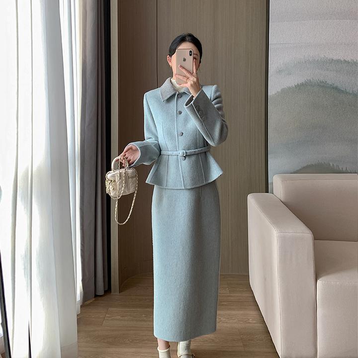 高级韩系小香风套装女2025新款千金风双面呢毛呢外套半身裙两件套