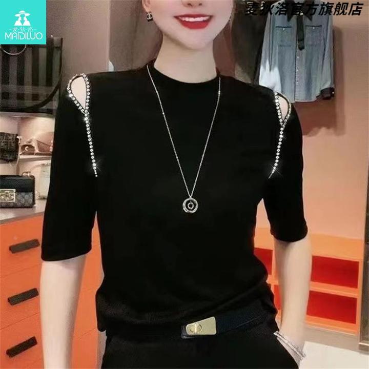 高端镶钻洋气小衫女2025春秋季新款设计感露肩短袖T恤打底衫黑色