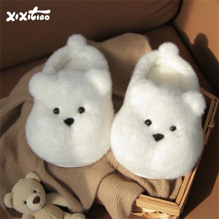 细细条 情侣冬季居家保暖毛毛鞋奶呼呼可爱小胖熊防滑棉拖鞋男女