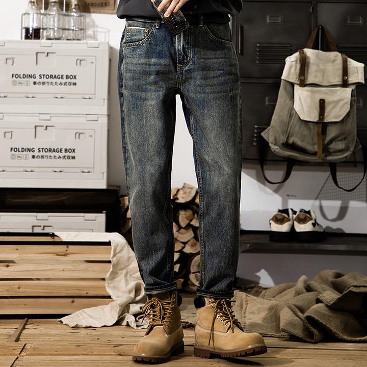 春秋新款日系复古赤耳丹宁小脚九分牛仔裤男潮流休闲直筒宽松裤子