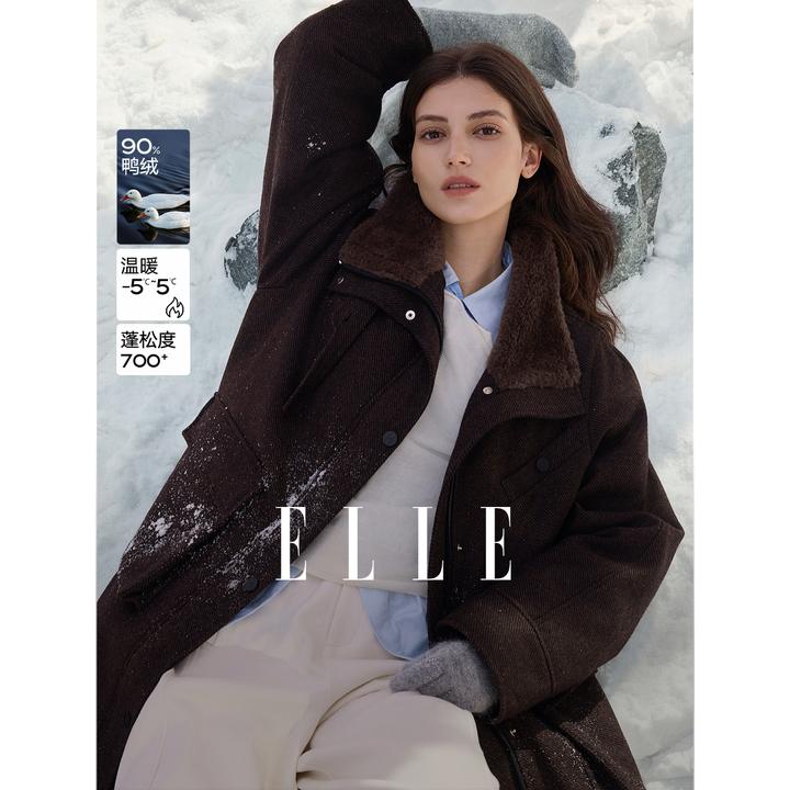 ELLE女装90白鸭绒复古毛呢羽绒服25冬新款绵羊毛长款EY52830