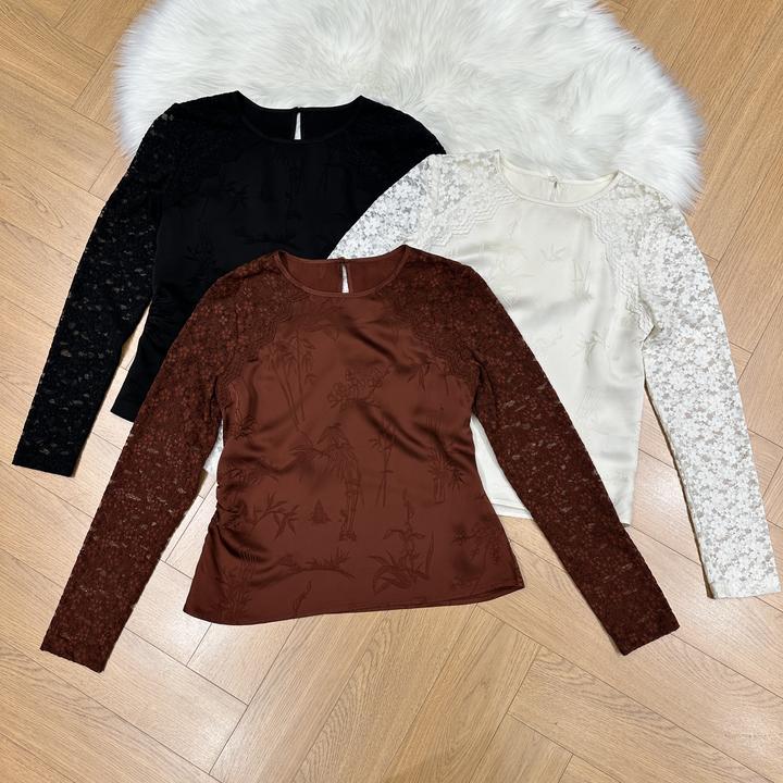 KiKi严选：18721-多米家南油欧货秋冬小众拼蕾丝高级感小衫长袖T