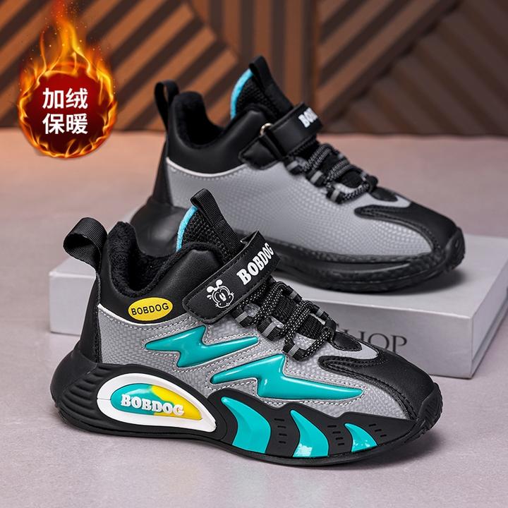 巴布豆童鞋男童棉鞋2025秋冬季新款皮面加绒保暖中大童儿童运动鞋