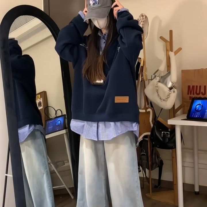 2025秋季新款美式复古慵懒风格子拼接假两件连帽卫衣搭牛仔裤套装