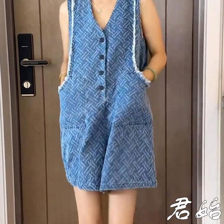 2025大码无袖背心牛仔连体裤女夏季韩系减龄俏皮甜美设计感小个子