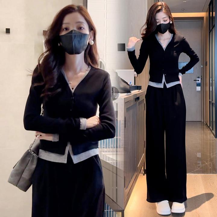 时尚休闲套装女2025年春季设计感修身显瘦撞色假两件阔腿裤两件套