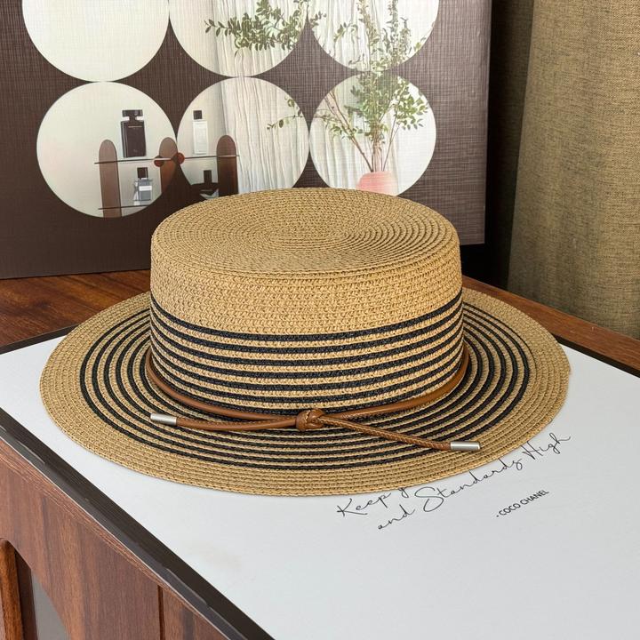 2025新款法式条纹平顶皮带海边度假风款防晒草帽（沐森草帽馆设计）