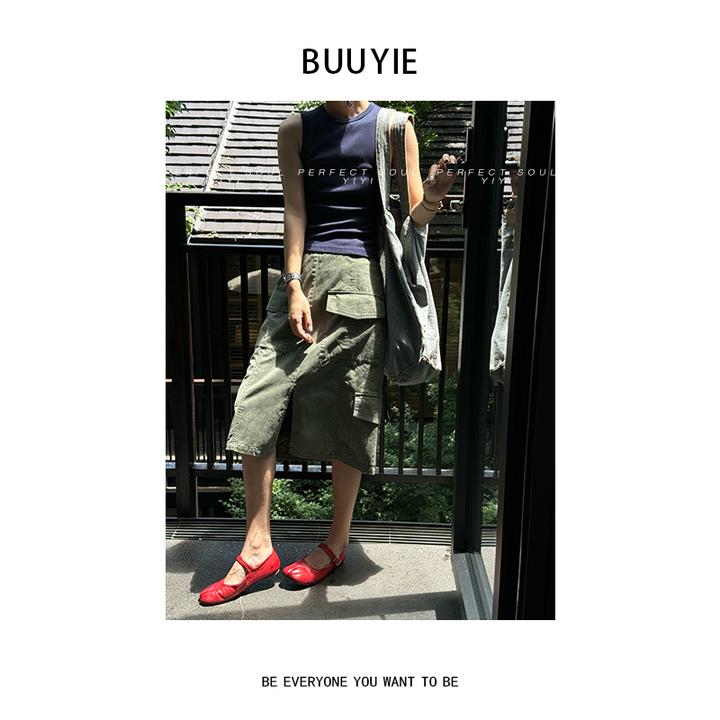 BUUYIE 25SS【戎绿】小众复古工装前开叉军绿色半身裙 250548