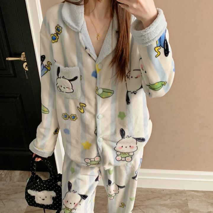 珊瑚绒睡衣女士秋冬季大码加厚可外穿法兰绒帕恰狗套装冬天家居服