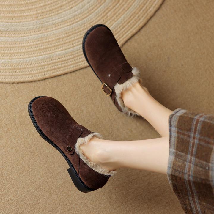 磨砂牛皮~2.5cm舒适毛毛鞋平底一脚蹬加绒加厚保暖全包真皮勃肯鞋