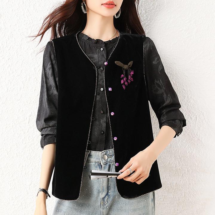 新中式丝绒马甲女士黑色背心秋季2025新款圆领国风坎肩上衣小个子